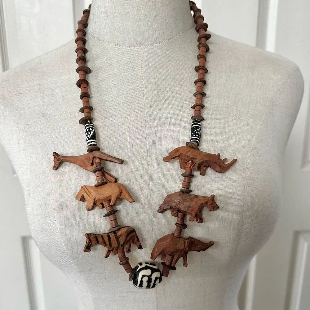 Wood carved  African animal beaded necklace